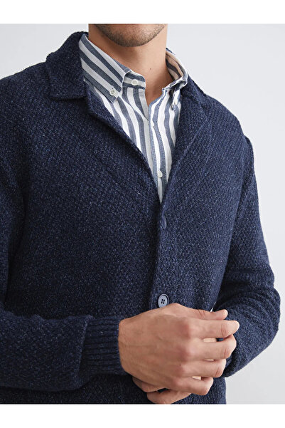 LC Waikiki Southblue Navy Blue Standard Fit Jacket Lapel Men's Knitwear Cardigan