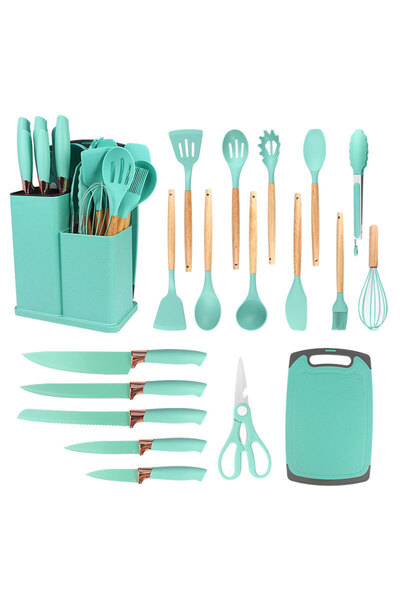 YAH Creation YAH 19-Piece Premium Silicone Kitchen Utensil Set w/ Wooden Handles, Stylish Stainless Steel Knives