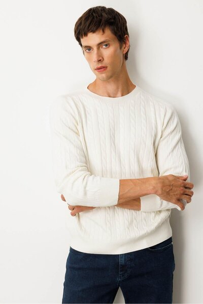 Desen Triko Men's Crew Neck Hair Braided Sweater Bone