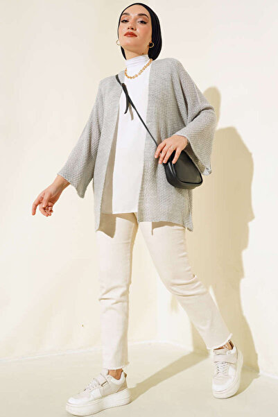 TİSTA Women's Gray Batwing Sleeve Oversize Knit Cardigan