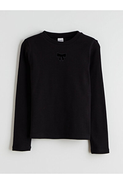 LC Waikiki Black Crew Neck Girl's T-Shirt with Bow Detail