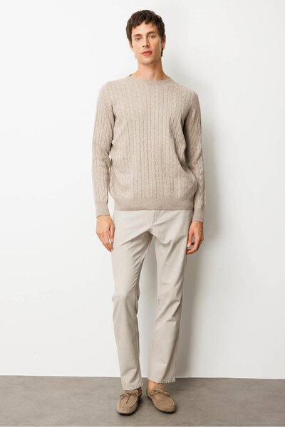 Desen Triko Erkek Sıfır Yaka Saç Örgülü Kazak Vizon