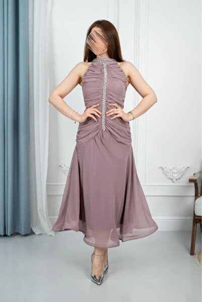 narvenia Royal Draped Dress with Studded Neck