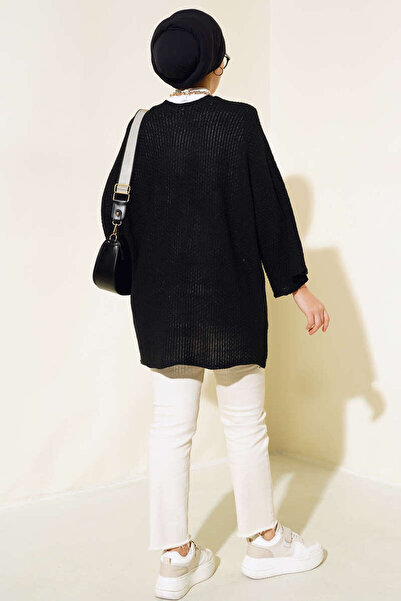 TİSTA Women's Black Bat Sleeve Oversize Knit Cardigan
