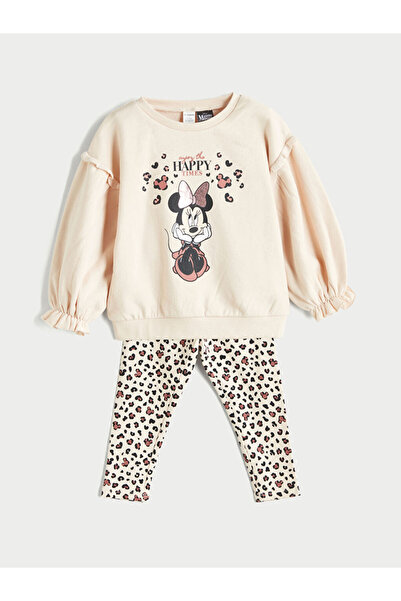 LC Waikiki LCW Kids bež Minnie Mouse Štampano dukserica i tajice za devojčice