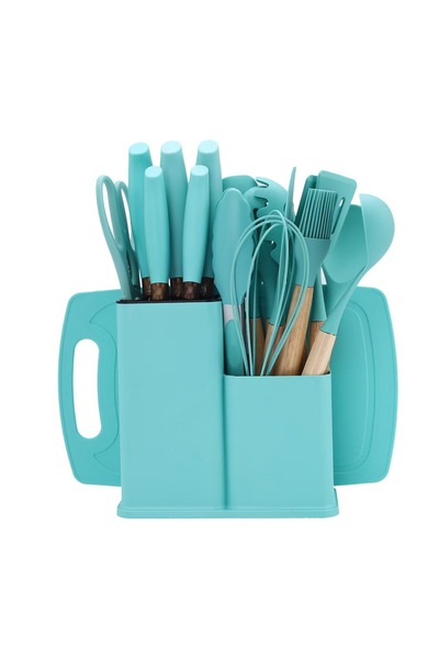YAH Creation YAH 19-Piece Premium Silicone Kitchen Utensil Set w/ Wooden Handles, Stylish Stainless Steel Knives