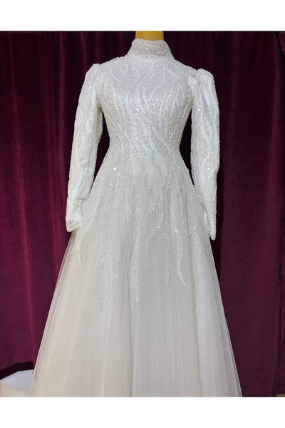 Tasarım Pul Dantelli Tesettür Gelinlik - Nikah Düğün Gelin Elbisesi