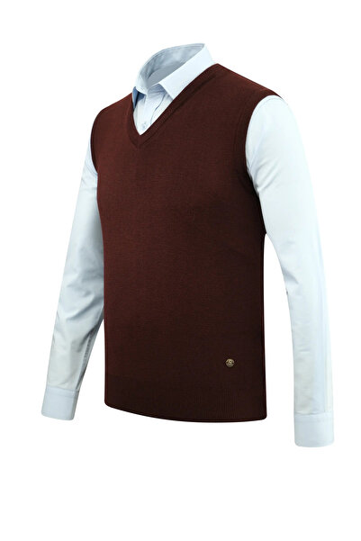 Çizgi Triko Мъжки пуловер с V-образно деколте, плетен, едноцветен, стоманено сив, класически модел - 5200H