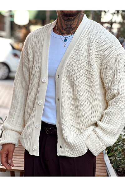 manch collection oversized Πλεκτή Κρέμα Βασικής Ζακέτας