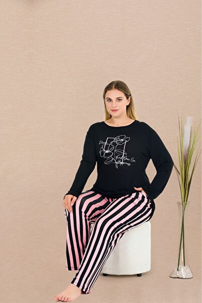 MOPİ Plus Size Black-Pink Striped Viscose Loungewear & Pajama Set – Comfortable and Stylish