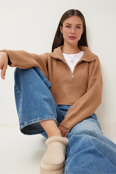 Cloudy Kids Women's Oversize Zippered Crop Knitwear Sweater