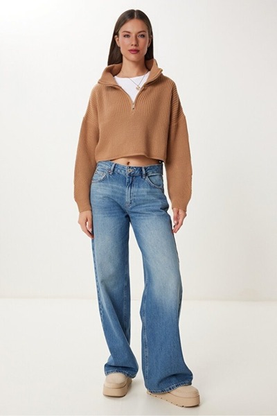 Cloudy Kids Women's Oversize Zippered Crop Knitwear Sweater