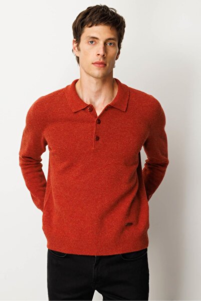 Desen Triko Чоловічий светр з вовняної вовни з коміром-поло Basic, колір цегла
