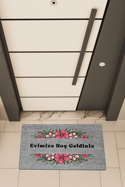 Dormot High-Quality Digital Printing Gray, Standard Pinkish Flowers Hşgldniz-Themed Doormat