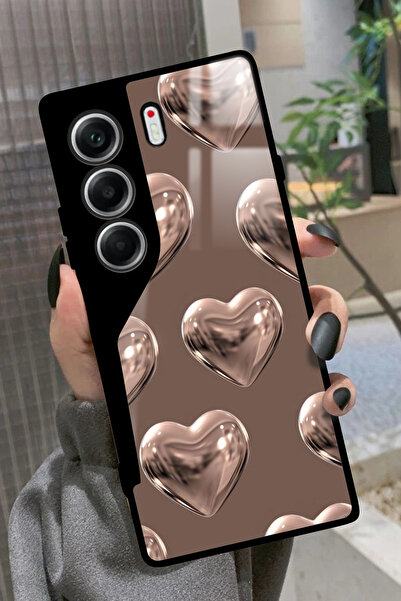 TECNO Camon 40 Uyumlu Kahverengi Kalp Tasarımlı Parlak Premium Kılıf