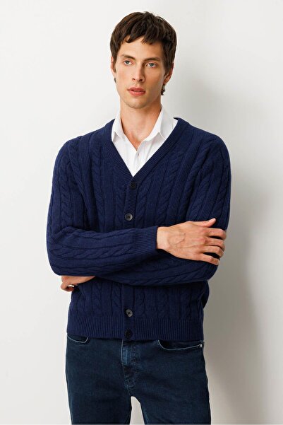 Desen Triko Men's V-Neck Thick Hair Braided Wool Coat Y.A.Navy Blue