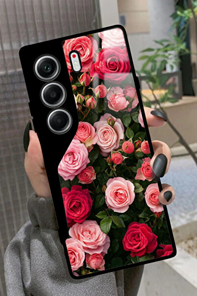 TECNO Camon 40 Uyumlu Pembe Çiçek Tasarımlı Glossy Premium Kılıf