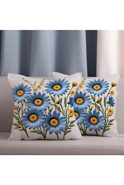 Alkan Homes غطاء وسادة مطبوع رقميًا بنمط زهور زرقاء بمظهر مطرز مكون من قطعتين