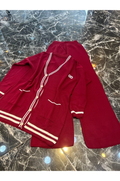 MY QILAM Women's Hijab Top and Bottom Set Striped V-Neck Gold Button Detailed Cardigan Pants Knitwear Set Burgundy