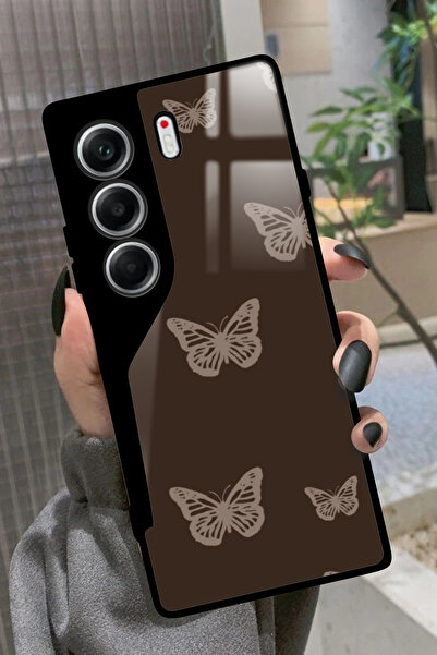 TECNO Camon 40 Uyumlu Kahverengi Kelebek Tasarımlı Parlak Premium Kılıf