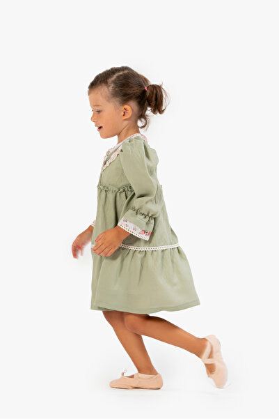 YUSALİ Powder Pink Ruffle Layered Floral Girl's Dress with Ruffle Detail Bag