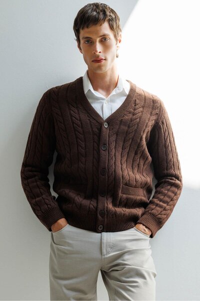Desen Triko Men's V-Neck Thick Hair Braided Wool Coat M.Brown