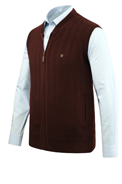 Çizgi Triko Ανδρικό πλεκτό με φερμουάρ Βουργουνδίας γιλέκο με ατσάλινο πλέγμα με μοτίβο κλασικής εφαρμογής με τσέπες - 5209J