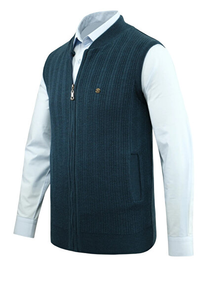 Çizgi Triko Чоловічий трикотажний жилет на блискавці, кольору нафти, з кишенями, класичний крій, з візерунком у вигляді сталевої сітки - 5209J