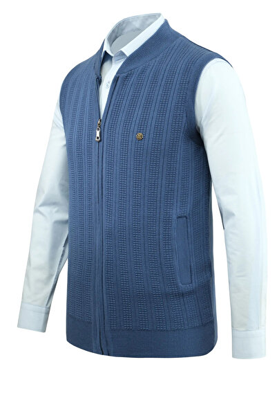 Çizgi Triko Ανδρικό πλεκτό μπλε γιλέκο με φερμουάρ και ατσάλινο πλέγμα με μοτίβο κλασικής εφαρμογής με τσέπες - 5209J