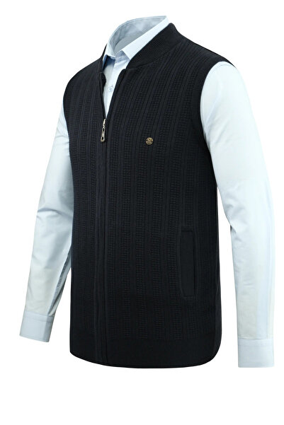 Çizgi Triko Чоловічий трикотажний жилет з блискавкою, синій, з кишенями, класичний крій, з візерунком у вигляді сталевої сітки - 5209J