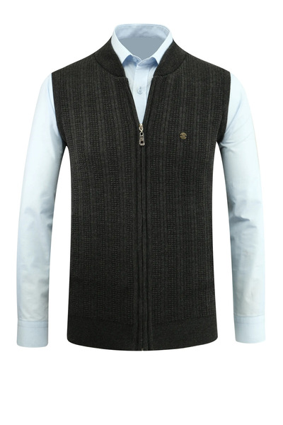 Çizgi Triko Men's Zippered Knitwear Dark Gray Vest Steel Knit Patterned Classic Fit with Pockets - 5209J