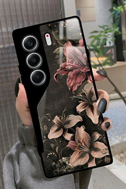 TECNO Camon 40 Uyumlu Pembe Çiçek Tasarımlı Glossy Premium Kılıf