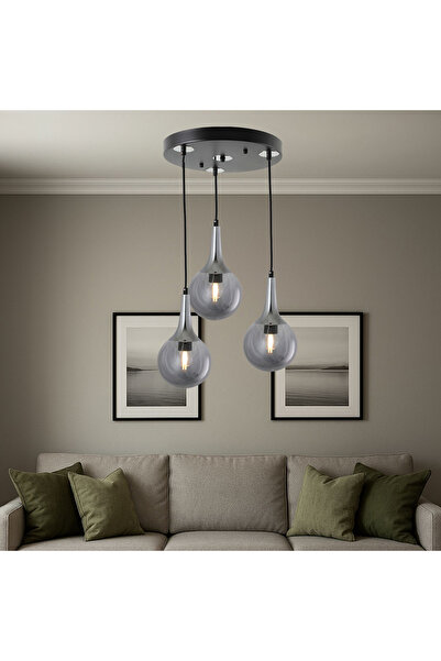 TT AYDINLATMA TT601-3Y-SY-KR Mat Siyah - Krom 3 lü Uzun Hunili Yuvarlak Avize