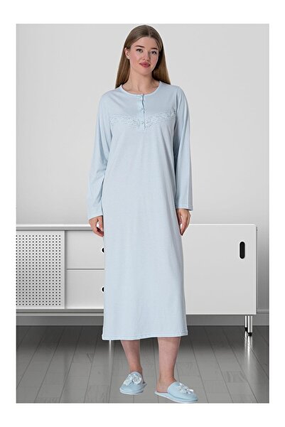 Lohussa Women's Blue Lace Buttoned Long Sleeve Cotton Combed Cotton Plus Size (Oversized) Nightgown