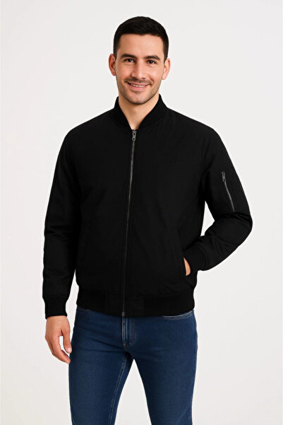 JANES Men's Lined Zippered Bomber Coat Jacket - Black