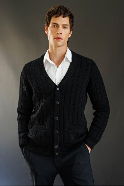 Desen Triko Men's V-Neck Thick Hair Braided Wool Coat Black