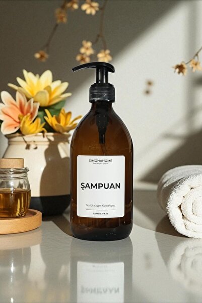 Simona Home Amber Cam Şişe 500ml Pompa Başlıklı Beyaz Etiketli Günlük Yaşam Koleksiyonu Şampuan Şişesi
