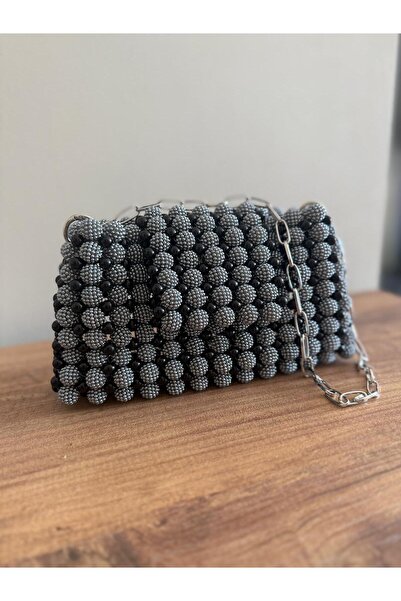 BONİTA Black Gray Beaded Chain Women's Handbag