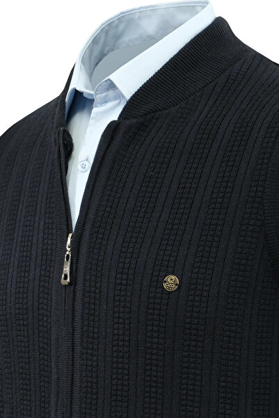 Çizgi Triko Чоловічий трикотажний жилет з блискавкою, синій, з кишенями, класичний крій, з візерунком у вигляді сталевої сітки - 5209J