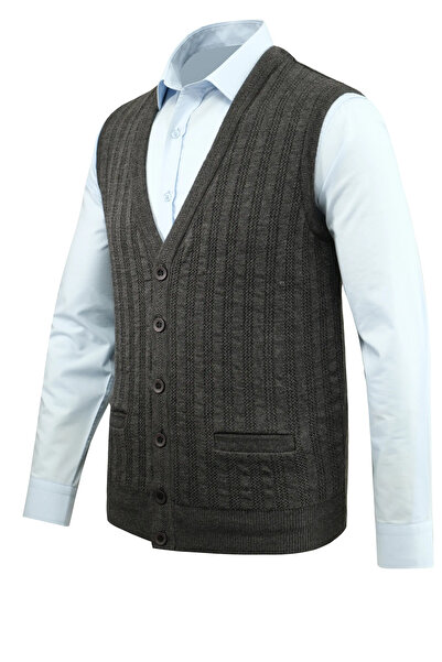 Çizgi Triko Erkek Düğmeli Yelek Cepli Desenli Çelik Örgü Klasik Kalıp - 5203L