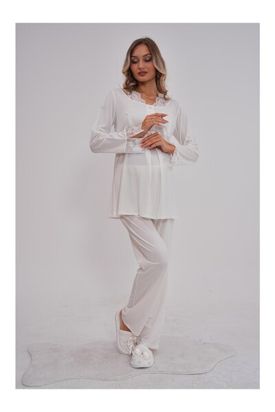 Lohussa Women's Ecru Special Design Lace Long Sleeve Cotton Maternity Pajama Set