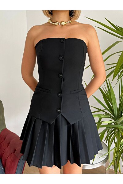 Misscix Kadın Abiye Pileli Etekli Tek Parça Straplez Mini Elbise - Abiye & Mezuniyet Elbisesi