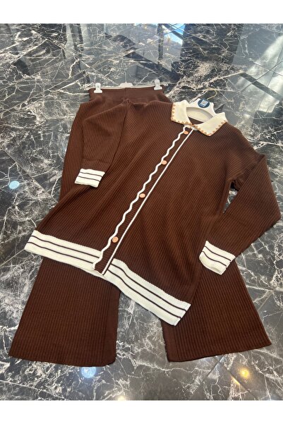 MY QILAM Women's Hijab Top and Bottom Set Shirt Collar Striped Button Detailed Knitwear Set Brown