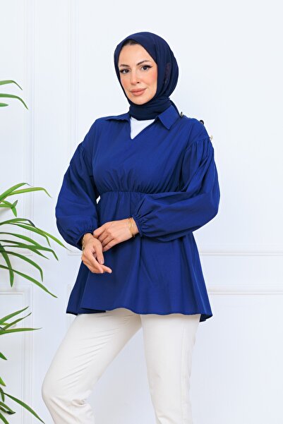 Cochines Γυναικείο πουκάμισο τουνίκ με ελαστική μέση σε μπλε ναυτικό σατέν