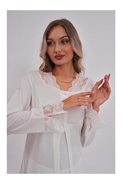 Lohussa Women's Ecru Special Design Lace Long Sleeve Cotton Maternity Pajama Set