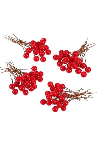 Generic BBTO Artificial Holly Berries, 100 Pieces Mini 10 mm Fake Berries Decor on Wire for Christmas Tree D