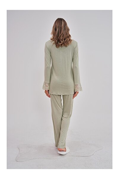 Lohussa Women's Pistachio Green Special Design Lace Long Sleeve Cotton Maternity Pajama Set