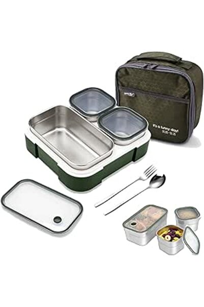 Generic GGEROU Stainless Steel Lunch Box for Kids School,Insulated with Tableware & Bag,720ML 3 Compartment