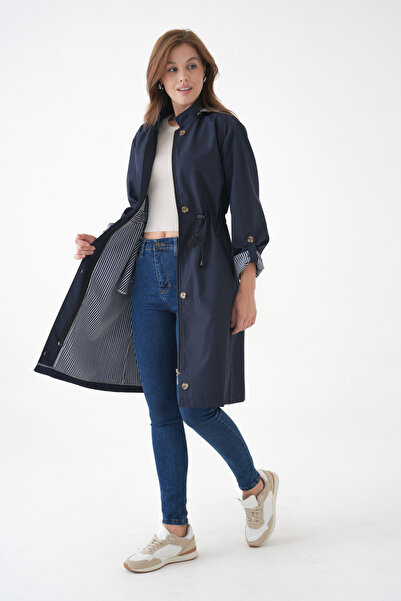 Ayşo Lacivert Rüzgar ve Su Geçirmez Çıkarılabilir kapüşonlu Bondit Kumaş Trençkot