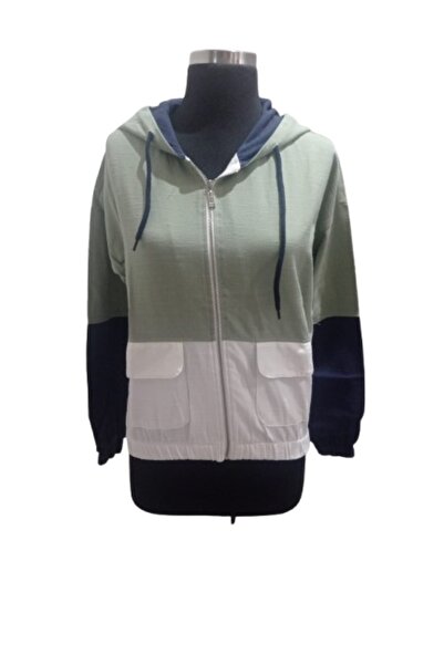 ZY BUTİK Green-White-Navy Blue Hooded Linen Pocket Sports Jacket